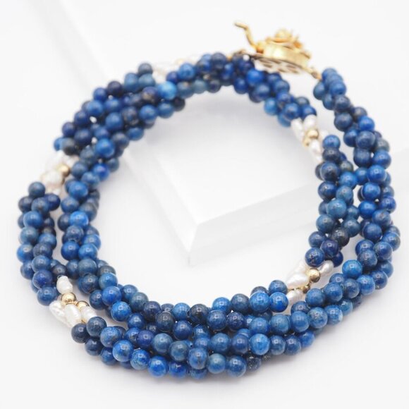 Vintage Jewelry - Lapis Lazuli Freshwater Pearl Necklace, 3-strand, Gold Design, GSILVER Stamped,